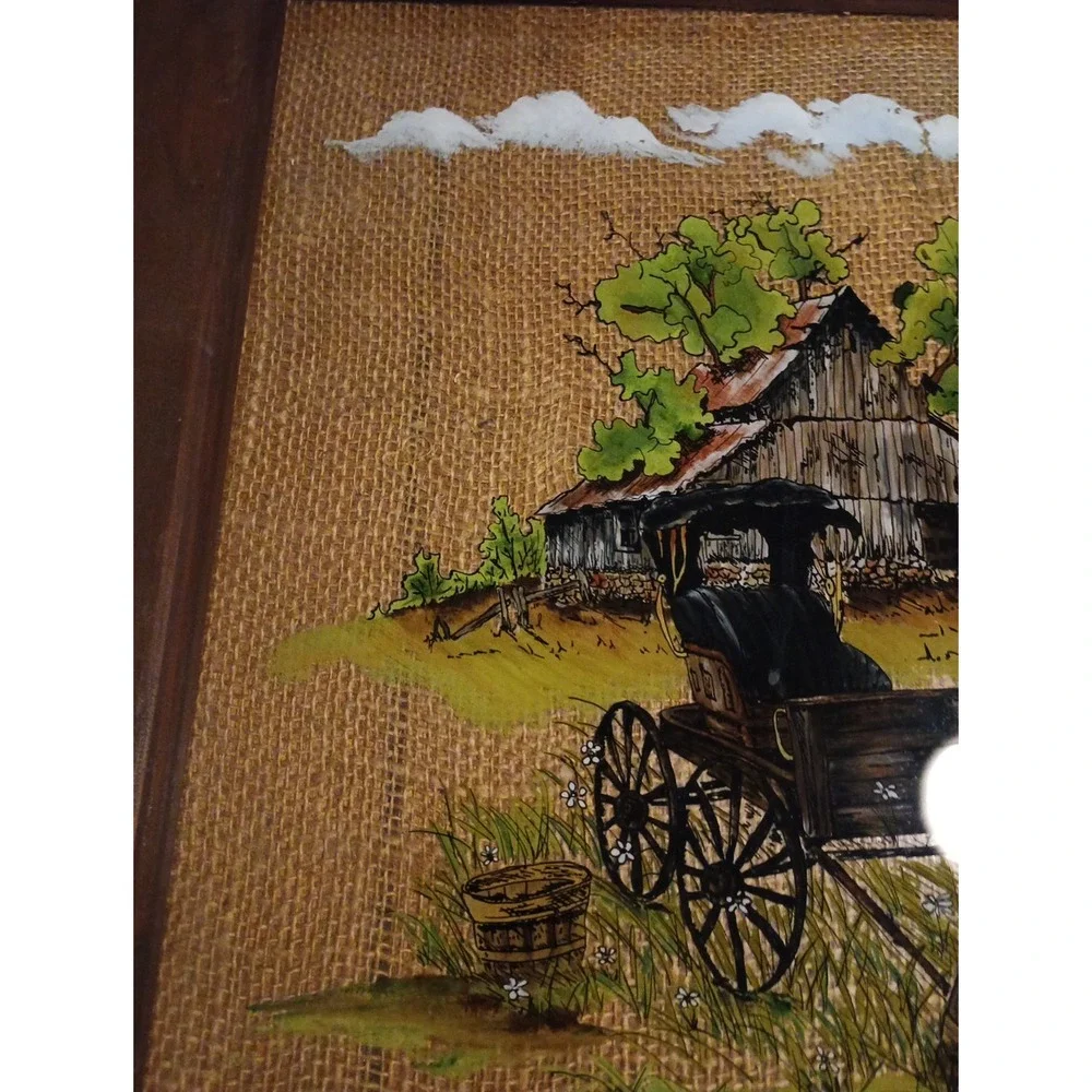 Vintage Rustic Hand Painted 1987 Folk Art with Old Wood Frame‎ Wall Hanging